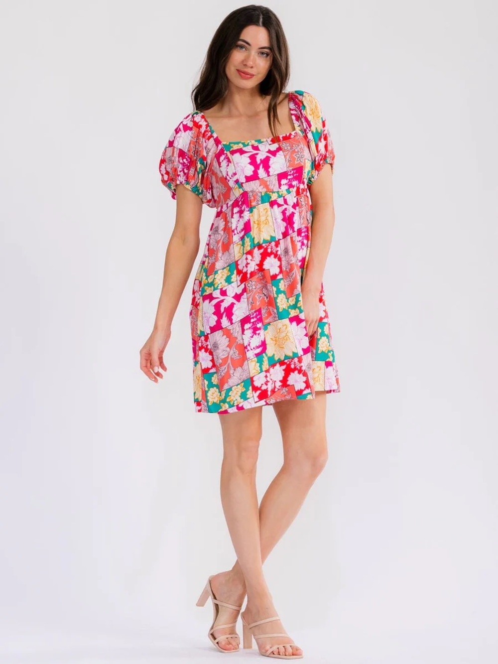 GeeGee Women’s Short Sleeve Floral Square Neck Smock Mini Dress New Boutique